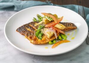 Bronzini with Artichoke Tomato Salad