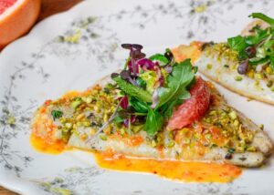 Pistachio Crusted Bronzini with Grapefruit Salad